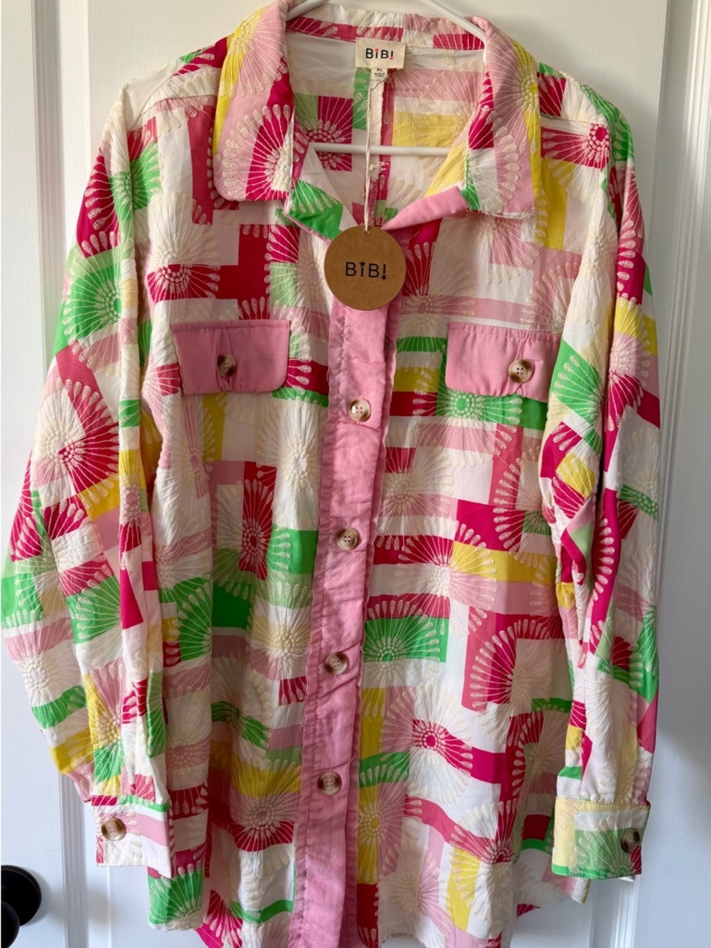 BIBI Colorblock Sunburst Button-Up Shirt - Pink, Green, Yellow, White